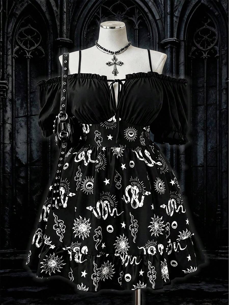 Sunspun Plus Size A-Line Off-Shoulder Ruched Dress, Dark Aesthetic - Multicolor - View 1