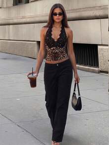 Firerie Women's Halter Neck Lace Backless Brown Print Tank Top Club Night Summer Rave - Brown - View 4