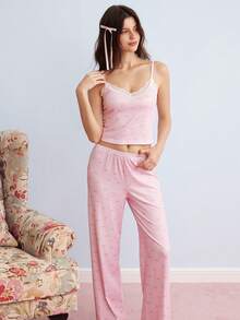 Elorette Women's Sleepwear Set, Pink Bow Print, Lace Trim V-Neck Camisole And Long Pants - Pink - View 4