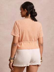 SHEIN VCAY Plus Size Women's Plaid Side Knot Short Sleeve Casual T-Shirt - Orange - View 2