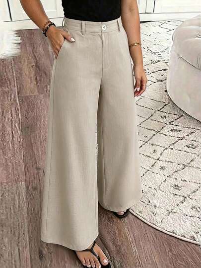 Vionelle Quần dài nữ size lớn vải vân trơn dáng rộng thoải mái, quần dài casual đi du lịch, công sở đi làm, có túi