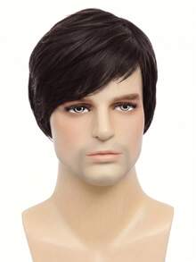 1pc6inch European & American Style Men's Fashion Short Brown Side-Parted Straight Synthetic Hair Wig - Multicolor - View 9