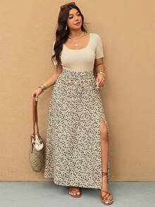Elaquor Plus Size Women Summer Casual Patchwork Ditsy Floral High Slit Round Neck Dress - Apricot - View 1