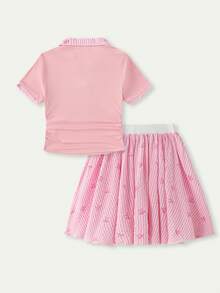 Casuvi Kids 女童日韓風簡約通勤 Polo T恤與格紋澎澎裙套裝 - 粉色 - 查看 2