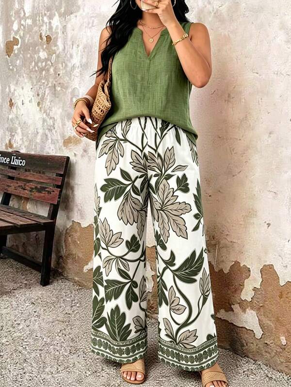 Linhara CURVE Bộ 2 món nữ size lớn áo tank top cổ chữ V khuyết màu trơn và quần họa tiết hoa phong cách thường ngày