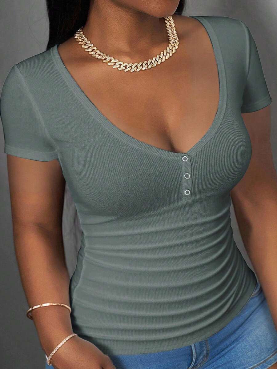 Slaydiva 2025新款夏秋休閒基礎百搭V領短袖側褶修身女款T恤,日常旅遊、開學、畢業、派對聚會、休閒、早午餐、機場、基礎、百搭、夏季上衣 - 水鴨藍 - 查看 1