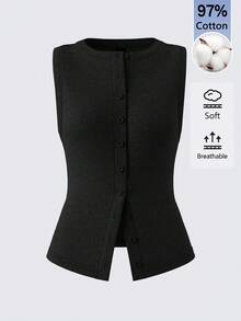 SHEIN BASICS 女款素色修身百搭日常休閒上衣 - 黑色 - 查看 7