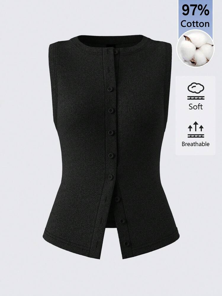 SHEIN BASICS 女款素色修身百搭日常休閒上衣 - 黑色 - 查看 6