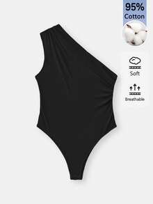 SHEIN BASICS Women's Solid Color One Shoulder Ruched Sleeveless Bodysuit Going Out Brown White Black Summer Basic - Multicolor - View 4