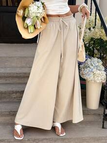 Cévolie Pantalones anchos de pierna ancha con cordón de algodón - Caqui - Ver 5