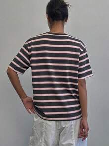DAZY 女款休閒運動夏季上衣，拼色條紋寬鬆短袖圓領T恤，圖案印花T恤 - 棕色 - 查看 2