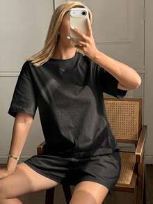 DAZY 夏季極簡全棉休閒短袖上衣與短褲2件組女款居家服睡衣套裝 - 黑色 - 查看 8