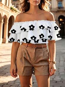 SHEIN Clasi Plus Size Women's Classic White Print Layered Ruffle Off-Shoulder Blouse Vacation Summer Boho - White - View 5