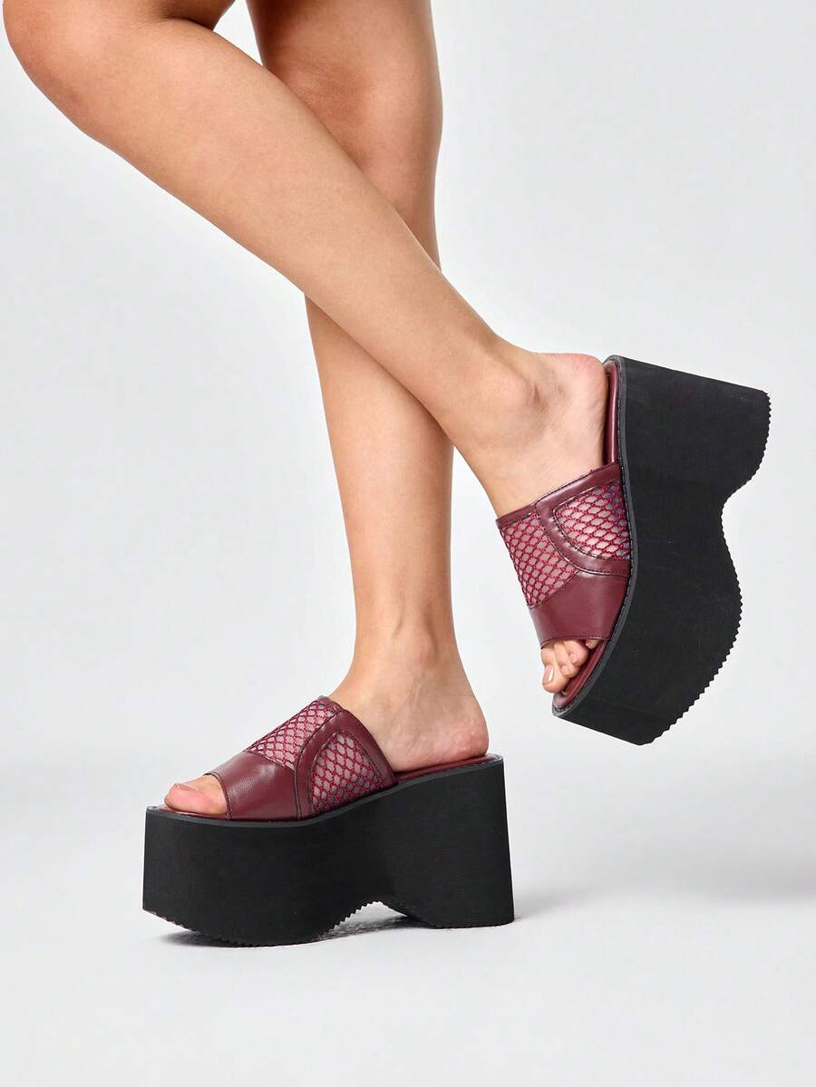 ROMWE Women's Casual And Stylish Open-Toe Wedge Sandals With A Punk-Style Gothic Dark Color Scheme And Openwork Mesh Splicing Straps. - Burgundy - View 1