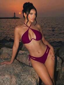 Swim SXY 女款夏季海灘純色掛脖綁帶性感比基尼三角褲兩件式泳衣套裝 - 中紫紅色 - 查看 4