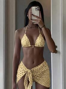 Swim Mod 女款夏季海灘穿搭3件套，黑白隨機波點印花細肩帶珍珠裝飾裙性感比基尼套裝 - 彩色 - 查看 1
