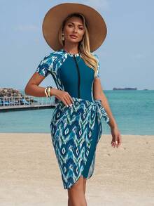 Swim Mulvari Teal Summer Modest Beach Holiday Holiday Peacock Print Knit Patchwork Round Neck Short Sleeve Zipper Knee-Length Shorts Set With Side Tie Half Skirt - Multicolor - View 3