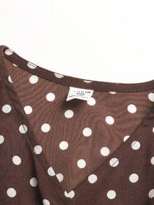 SHEIN Conjunto de 2 piezas para niñas preadolescentes con blusa de top con estampado de lunares marrones, cintura ceñida y decoración de hebilla metálica + pantalones holgados de pierna ancha, conjunto elegante y casual para ocasiones formales & casuales - Marrón - Ver 4