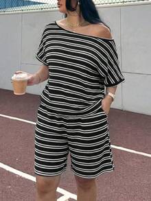 Muchica Plus Size Women's One-Shoulder Black And White Top And Shorts Casual Everyday Two Pieces Set Formal Vacation Summer - Black and White - View 1