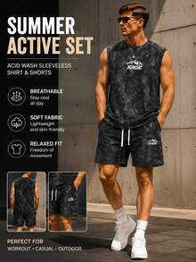 Gym Rark 2件組男士夏季紮染山脈印花戶外登山運動背心短褲套裝，健身房適用 - 黑色 - 查看 4