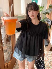 Dazy Plus 大尺碼女款休閒短袖T恤，圓領、寬鬆版型、拼接網格、2合1設計，春/夏 - 黑色 - 查看 7