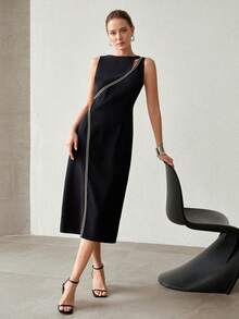 MOTF PREMIUM FAUX PEARL DECORATED HOLLOW OUT SLEEVELESS HIGH SLIT HEM DRESS - Black - View 6