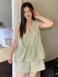 Dazy Plus 夏季碎花拼接无袖上衣和宽松短裤套装，休闲可爱女童睡衣，大码，绿色 - 薄荷綠 - 查看 7