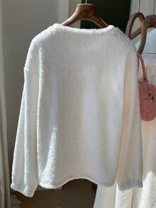 Comfortcana Women's Bow Decor Round Neck Long Sleeve Fleece T-Shirt, Autumn/Winter - White - View 2