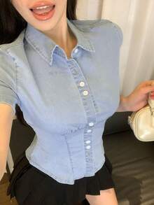 DAZY Women's Casual Preppy Denim Shirt, Light Blue, Short Sleeve, Street Style, Suitable For Spring And Summer Back-To-School Student - Blue - View 8