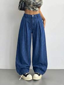 SHEIN Teen Girls Fashion Casual Y2k Vintage Cool Street Simple Basic Blue And White Thin Stripe Loose Wide-Leg Jeans For Kids Clothes Teen Girls Dailywear And Kids Spring To Summer Rave Outfits Festival And Outfits Streetwear Clothes - Dark Wash - View 6
