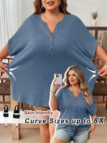 SHEIN CURVE+ 新款大尺碼女款休閒V領鈕扣肩短袖T恤，海鹽藍綠色 - 藍色 - 查看 8