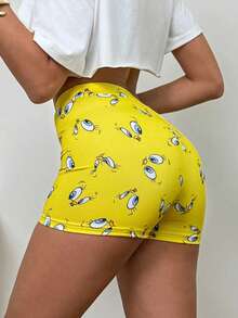 LOONEY TUNES X SHEIN 女款黃色單車短褲、鵝黃色短褲、緊身褲、七分褲、卡通圖案、動物圖案、表情符號圖案、漫畫格紋、圖形、可愛、返校服飾、百搭、休閒、日常、夏秋適用 - 黃色 - 查看 3