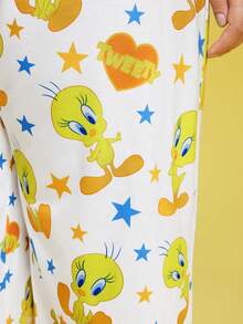 LOONEY TUNES X SHEIN 加大码宽松拼色黄色和白色 Tweety 印花长袖上衣和裤子睡衣套装，适合秋冬季穿着， - 白色 - 查看 7