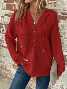 SHEIN Clasi Sudadera casual versátil de uso diario con capucha y cordón de unicolor para mujer talla grande - Rojo - Ver 6