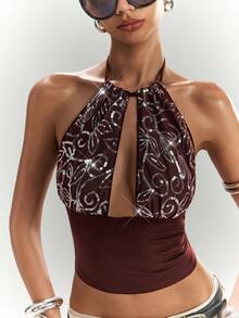 LYSMO Damen Neckholder-Top mit Pailletten, Blumenmuster und Cut-out-Design - Kaffeebraun - Übersicht 8