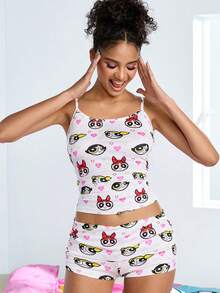 THE POWERPUFF GIRLS X SHEIN 女士服装、吊带背心和短裤睡衣套装、白色、毛茛、泡泡、花朵、PPG、卡通图案、全印花图案、心形图案、Y2K、音乐会服装、狂欢节服装、乡村音乐会服装、可爱、性感、休闲、2025 年春/夏 - 白色 - 查看 6