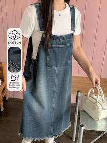 Dazy Plus Dark Wash Distressed Denim Overall Maxi A-Line Dress, All Season - Medium Wash - View 1