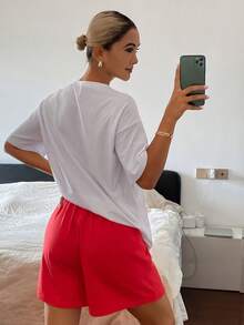 DAZY 女款可愛卡通愛心印花圓領短袖上衣與純色休閒短褲睡衣套裝 夏季 - 白色 - 查看 2