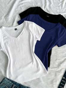 SHEIN EZwear 3件組女款夏季V領修身T恤，龐克次文化動漫純色基礎款V領短袖修身T恤 - 彩色 - 查看 4