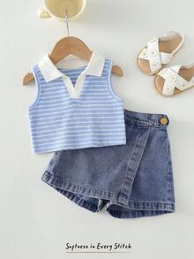 Cozy Pixies 女嬰幼兒女童彩色卡其色條紋 Polo 無袖背心上衣套頭衫、不對稱開衩裙褲套裝、條紋短褲裙 2 件組、牛仔短褲裙套裝 - 彩色 - 查看 5