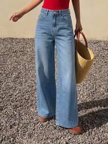 DAZY Women's Regular Waist Casual Daily Commute Versatile Loose Wide-Leg Jeans - Dark Wash - View 2
