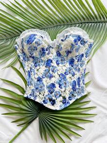 Soleia 女款度假春夏季浪漫雛菊刺繡紋理印花3D花卉裝飾抹胸上衣，休閒約會情人節下午茶海灘郵輪公路旅行城市度假音樂節派對波希米亞波西米亞嬉皮西式風格，內搭/外穿，四季日常通勤 - 藏蓝色 - 查看 6