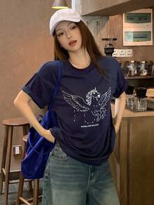 DAZY 女款夏季圓領短袖印花休閒基礎街頭風T恤 度假穿搭圖案上衣 高爾夫白色可愛上衣 - 藏蓝色 - 查看 3