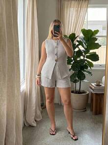 Auralis Summer White Knit Plus Size Women's 2-Piece Set Elegant Commute Office Brunch Tea Party Date Night Wear Casual Vacation Bohemian Suit Vest Shorts - Apricot - View 1