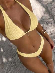 Swim SXY Conjunto de bikini de dos piezas para mujer, unicolor, cuello halter con lazo, sexy y de moda para playa en verano - amarillo ganso - Ver 1