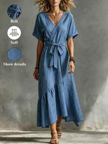 SHEIN LUNE 女款V領交叉設計中長洋裝，粉嫩色系夏季熱帶度假風，適合茶會、高爾夫、度假，不對稱下擺綁帶蝴蝶結，波希米亞性感優雅時尚 - 藍色 - 查看 5