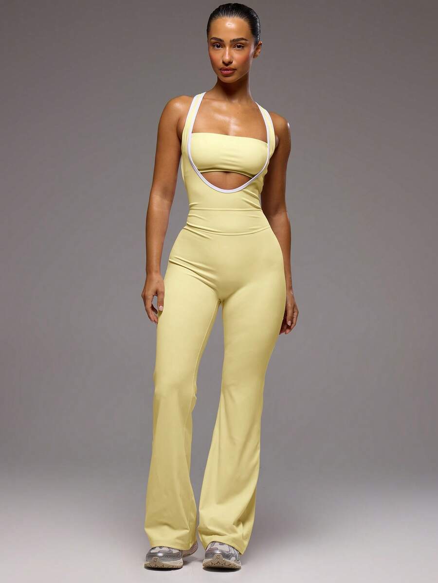 Musera Sport Contrast Cut Out Wide Leg Active Jumpsuit Sport Workout Gym Pilates Fitness Daily Girly Casual Hot Sweat Summer - Butter Yellow - View 1