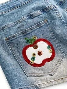 Sweetness Plus Size Vintage Kawaii Washed Casual Cute Apple Embroidery DIY Effect Versatile Stretchy Denim Shorts For Summer Teachers' Day Date Night Light Blue - Blue - View 4