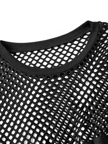 ROMWE Grunge Punk Dark Punk Sexy Mesh Sheer Bodysuit With Waist Cinching And Crotch Opening, Versatile - Black - View 3