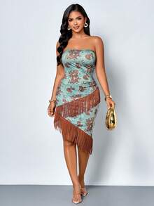 SOLERSUN Ropa de mujer primavera/verano: estilo elegante y relajado, estampado floral, tela de punto elástico, sin mangas, sin tirantes, ajustado, fruncido, dobladillo asimétrico, decoración de borlas, vestido midi (floral aleatorio) - Verde claro - Ver 5